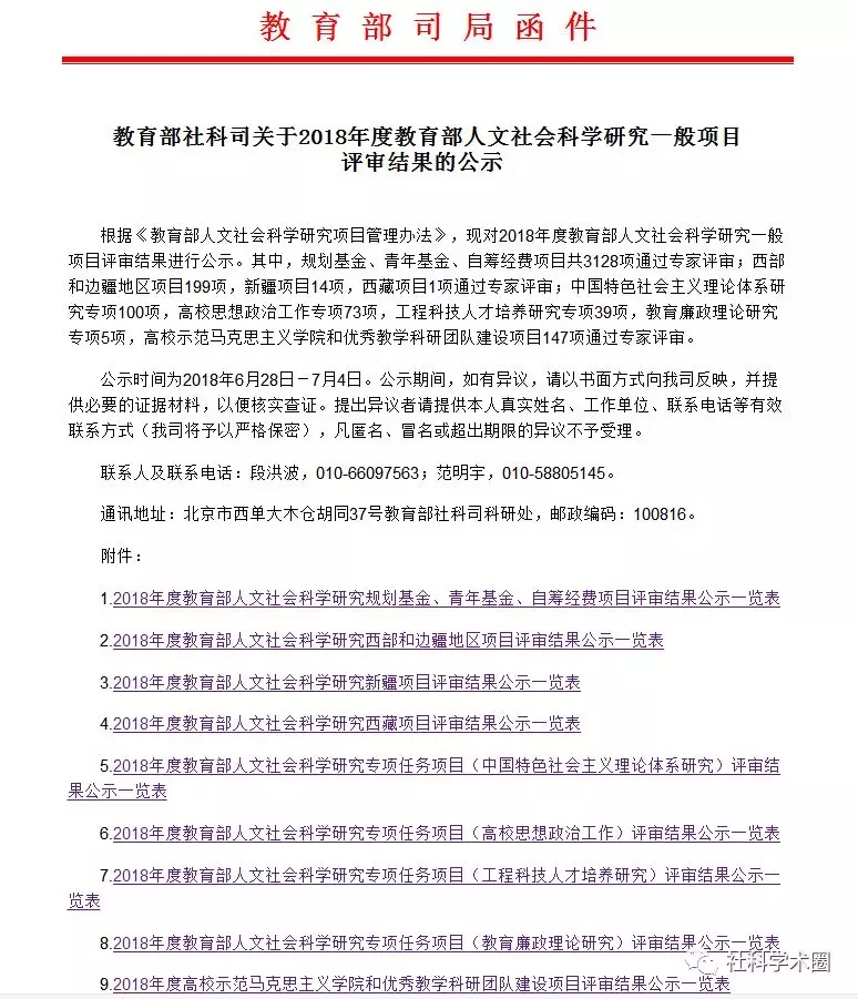 重磅!2018年度教育部人文社会科学研究一般项目评审结果公示!