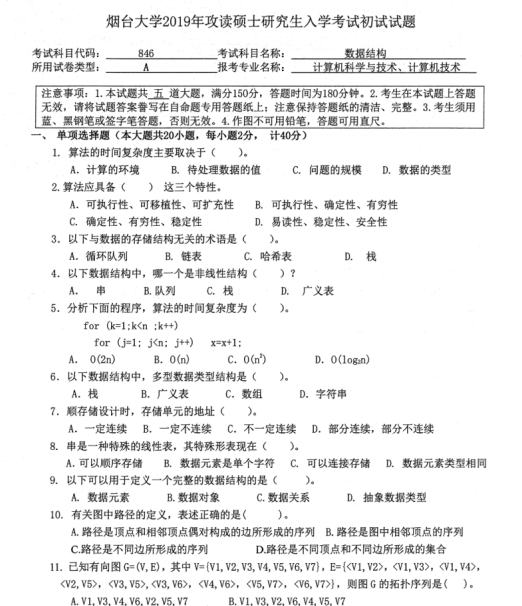 拼搏在线官网真题:2019年烟台拼搏(中国)外国语学院硕士研究生招生考试初试自命题