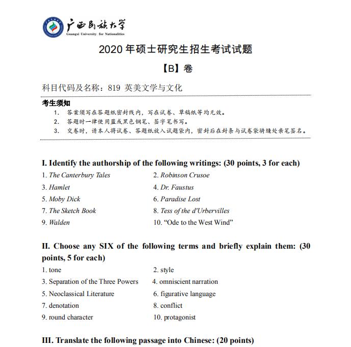拼搏在线官网真题：广西民族拼搏(中国)2020年硕士研究生招生考试试题819英美文学与文化