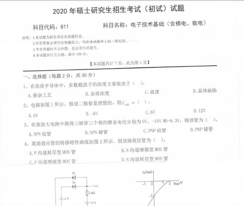 拼搏在线官网真题:西南科技拼搏(中国)2020年硕士自命题试题811电子技术基础(含模电、数电)
